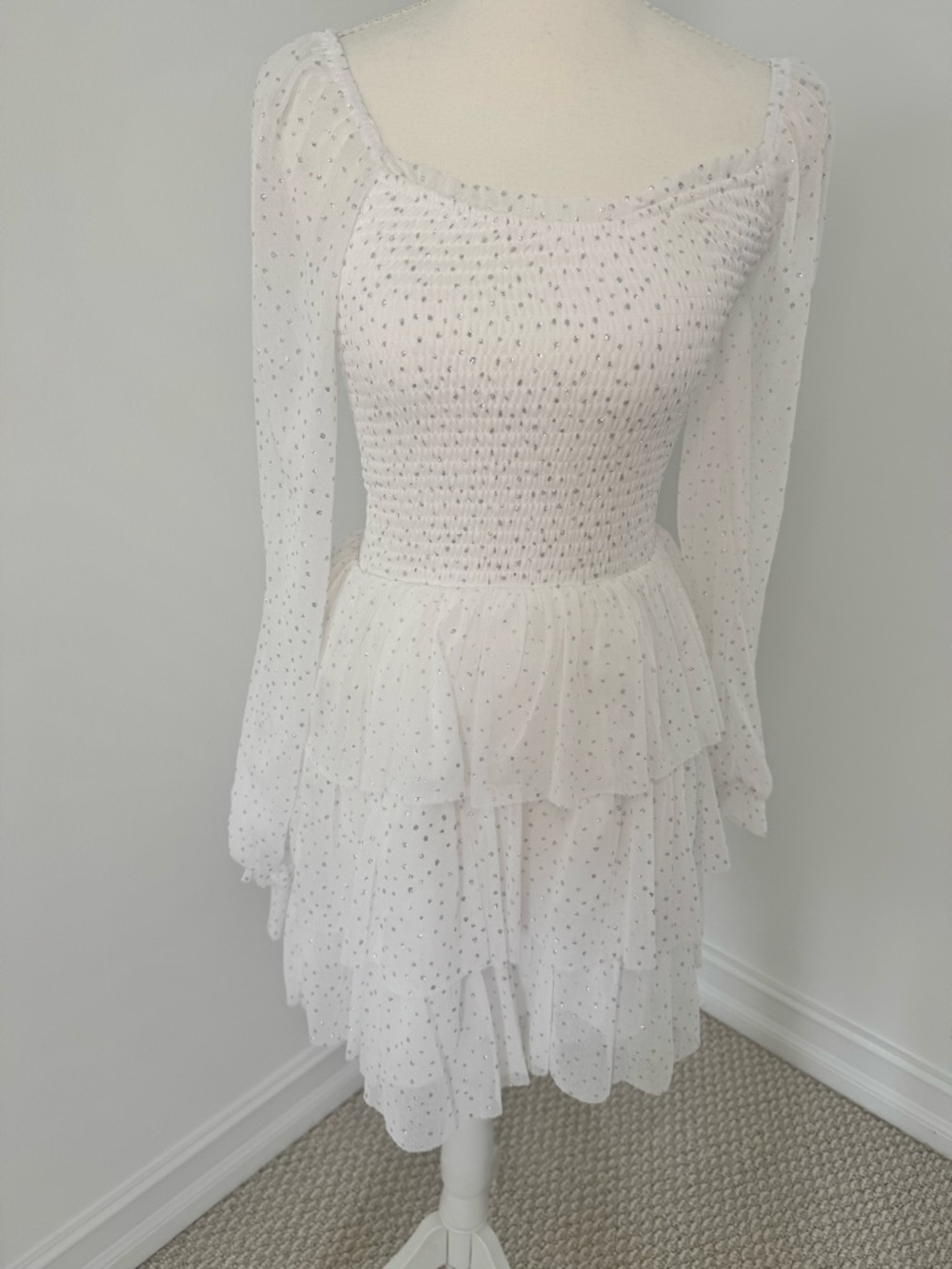 White Smocked Tiered Long-Sleeve Dress